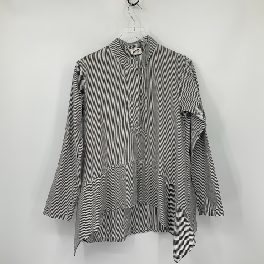 Planet Tunic high low top blouse shirt gray white pinstripe cotton USA 1 Small